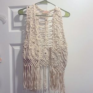 Free People Cream Crochet Fringe Vest